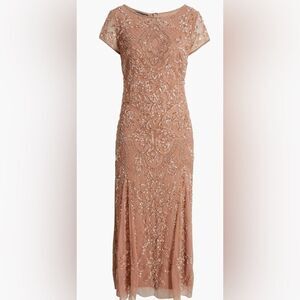 Pisarro Nights Women's Beaded Mesh Midi Gown Nude Beige Size 6 Formal Dress